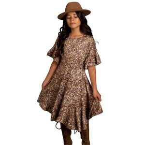 Joyfolie Girls Emilia Dress Brown Floral Ruffle Sleeve Size 7 Boho Flowy NWT $80